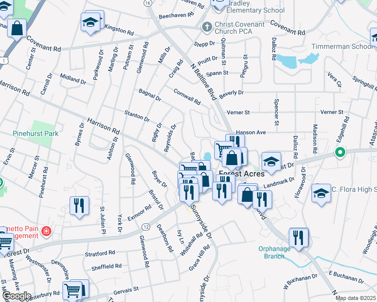 map of restaurants, bars, coffee shops, grocery stores, and more near 3239 Bagnal Drive in Columbia