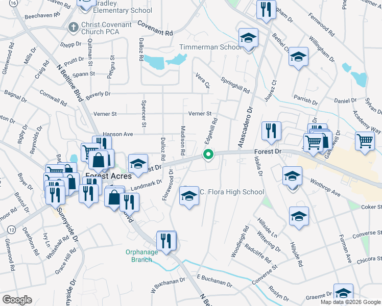 map of restaurants, bars, coffee shops, grocery stores, and more near 1718 Madison Road in Columbia