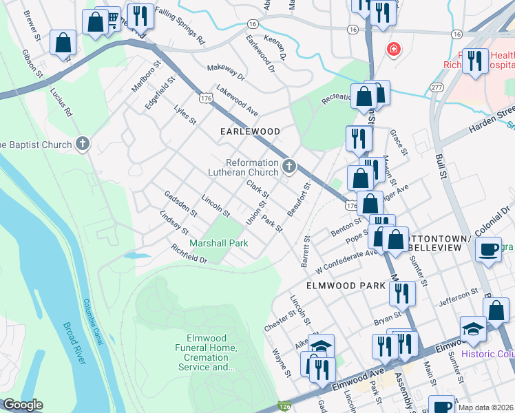 map of restaurants, bars, coffee shops, grocery stores, and more near 2911 Clark Street in Columbia