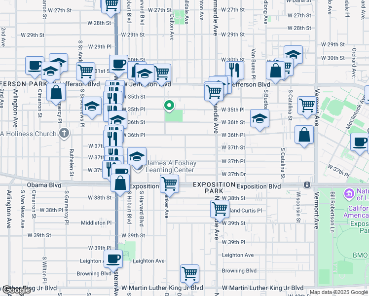 map of restaurants, bars, coffee shops, grocery stores, and more near 1514 West 36th Place in Los Angeles