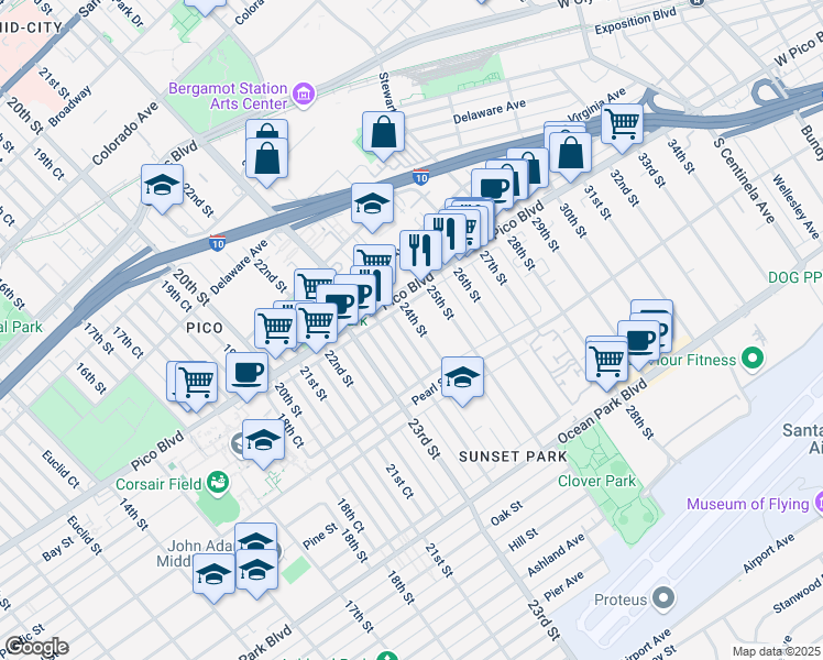 map of restaurants, bars, coffee shops, grocery stores, and more near 2223 24th Street in Santa Monica