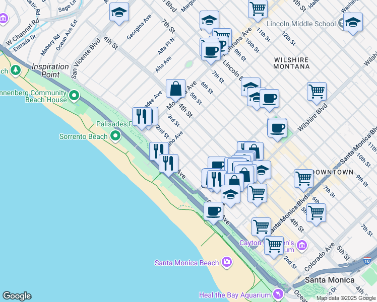 map of restaurants, bars, coffee shops, grocery stores, and more near in Santa Monica