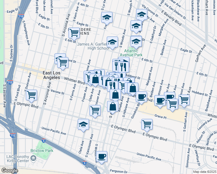 map of restaurants, bars, coffee shops, grocery stores, and more near 746 South Woods Avenue in East Los Angeles