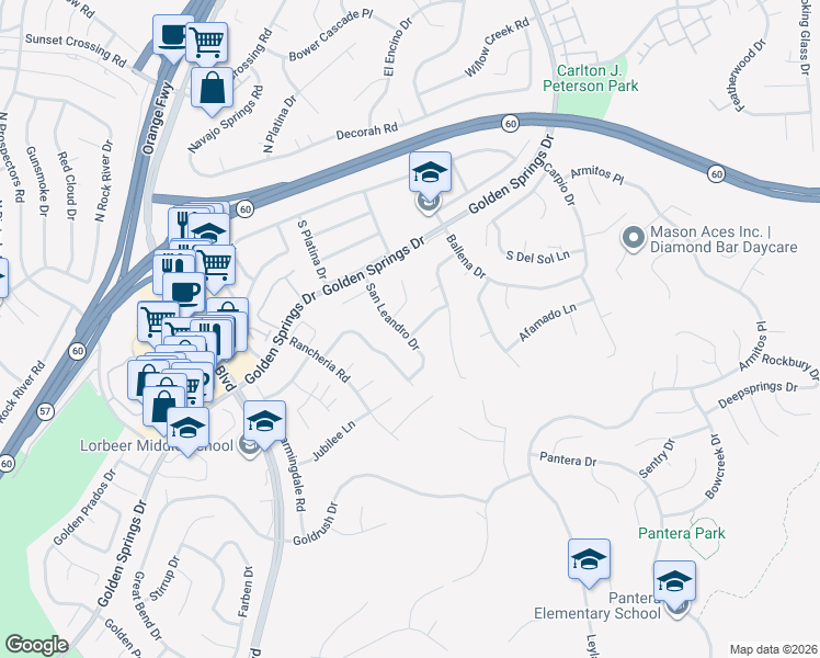 map of restaurants, bars, coffee shops, grocery stores, and more near 23815 Enriquez Drive in Diamond Bar