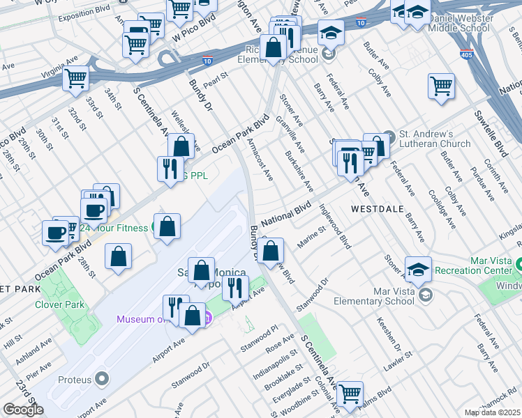 map of restaurants, bars, coffee shops, grocery stores, and more near 12136 Clarkson Road in Los Angeles