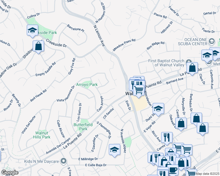 map of restaurants, bars, coffee shops, grocery stores, and more near 19873 Calle Granada in Walnut