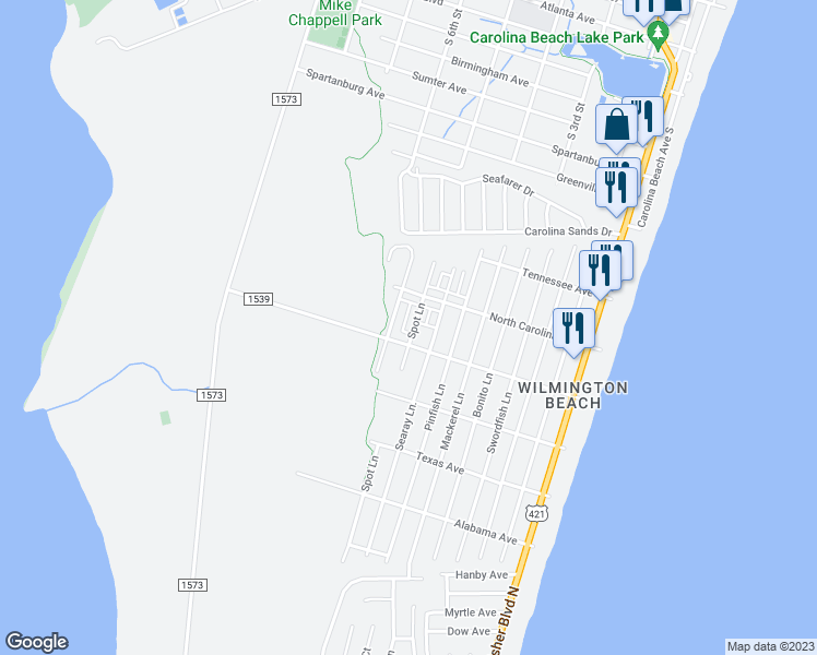 map of restaurants, bars, coffee shops, grocery stores, and more near 1316 Spot Lane in Carolina Beach