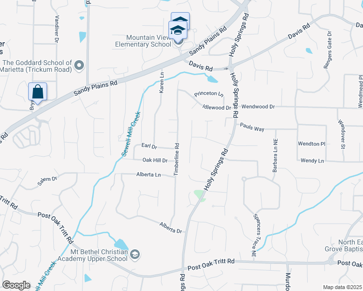 map of restaurants, bars, coffee shops, grocery stores, and more near 2912 Timberline Road in Marietta