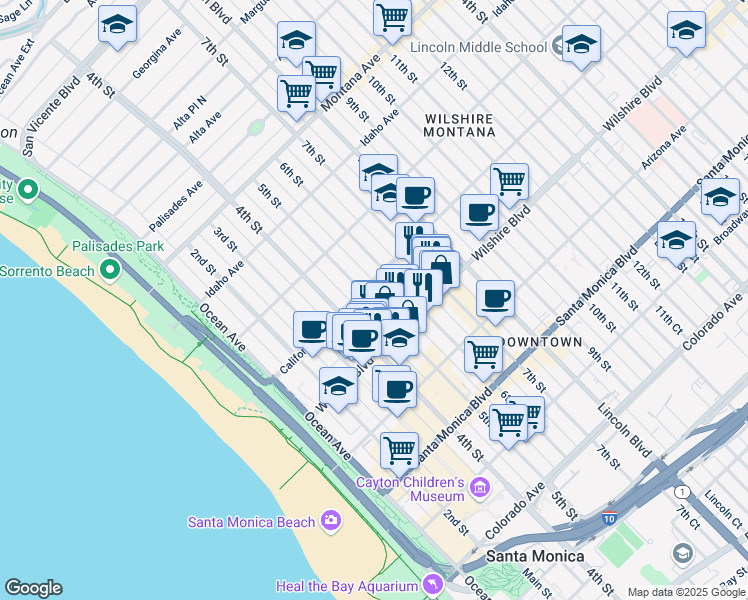 map of restaurants, bars, coffee shops, grocery stores, and more near 1115 5th Street in Santa Monica