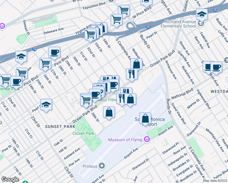 map of restaurants, bars, coffee shops, grocery stores, and more near 3205 Ocean Park Boulevard in Santa Monica