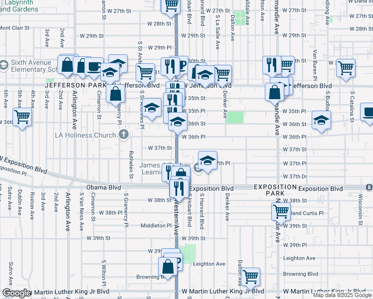 map of restaurants, bars, coffee shops, grocery stores, and more near 1655 1/2 West 37th Street in Los Angeles