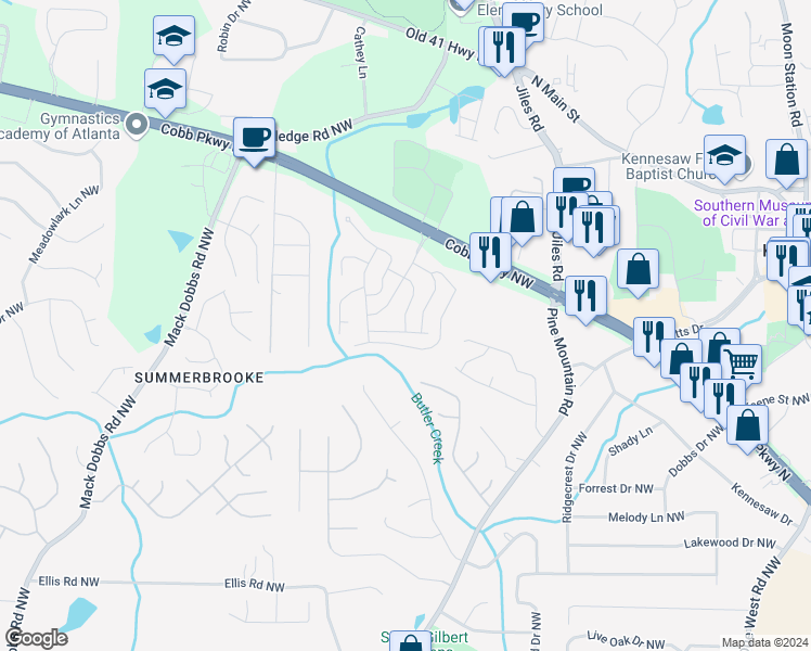 map of restaurants, bars, coffee shops, grocery stores, and more near 14 Pine Club Drive Northwest in Kennesaw