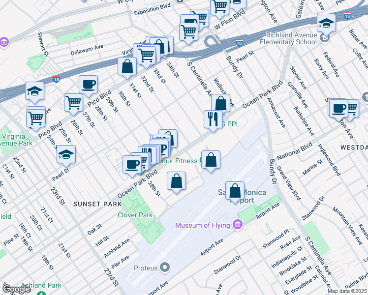 map of restaurants, bars, coffee shops, grocery stores, and more near 3205 Ocean Park Boulevard in Santa Monica