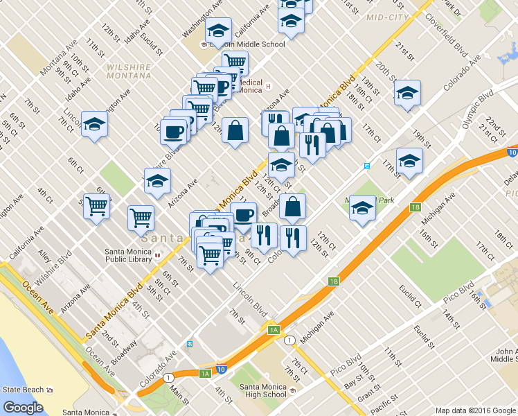 map of restaurants, bars, coffee shops, grocery stores, and more near 1447 11th Street in Santa Monica