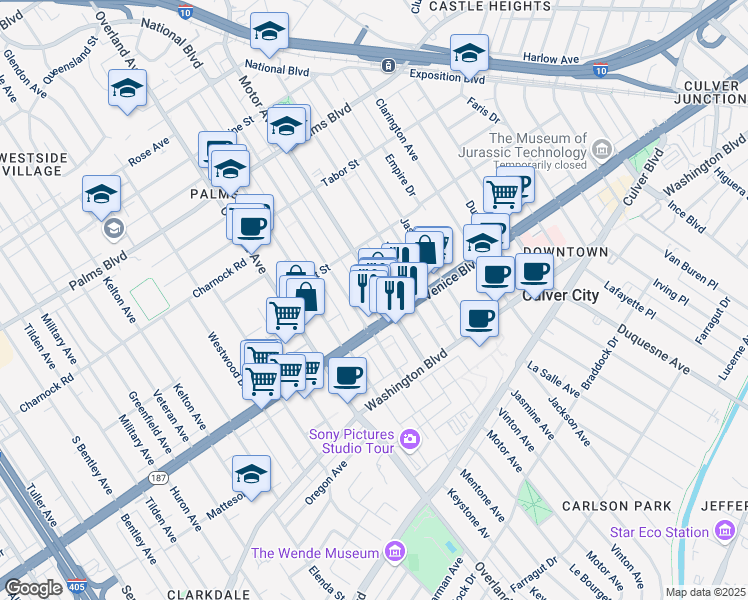 map of restaurants, bars, coffee shops, grocery stores, and more near 3737 Motor Avenue in Los Angeles