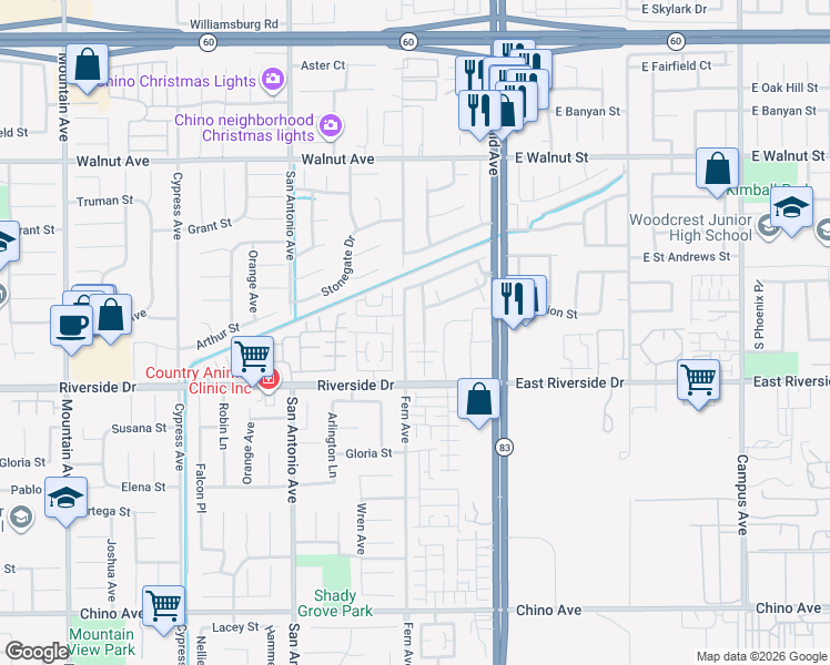 map of restaurants, bars, coffee shops, grocery stores, and more near 2882 South Via Belamaria in Ontario