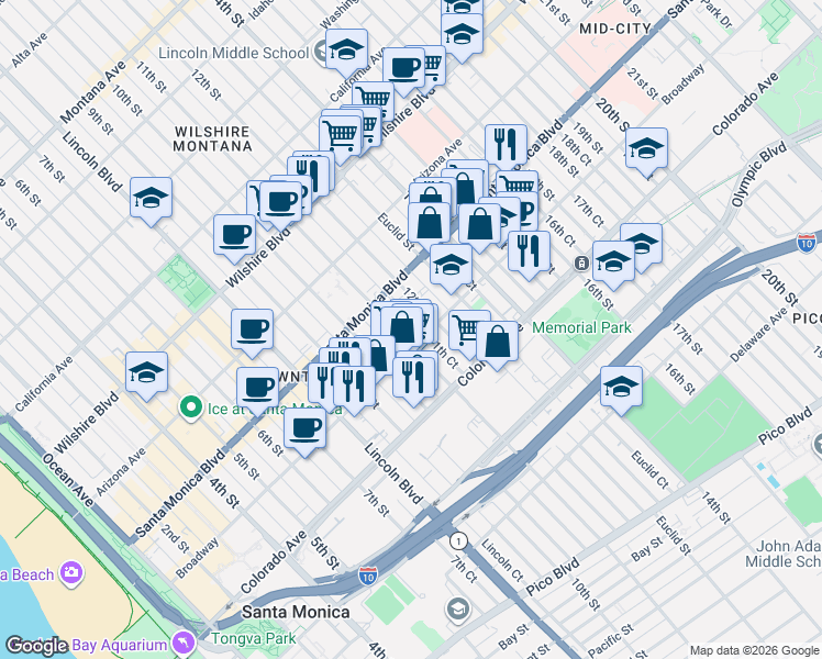 map of restaurants, bars, coffee shops, grocery stores, and more near 1448 12th Street in Santa Monica