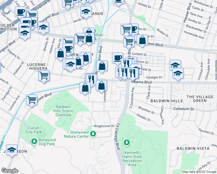 map of restaurants, bars, coffee shops, grocery stores, and more near 3621 Kalsman Drive in Los Angeles