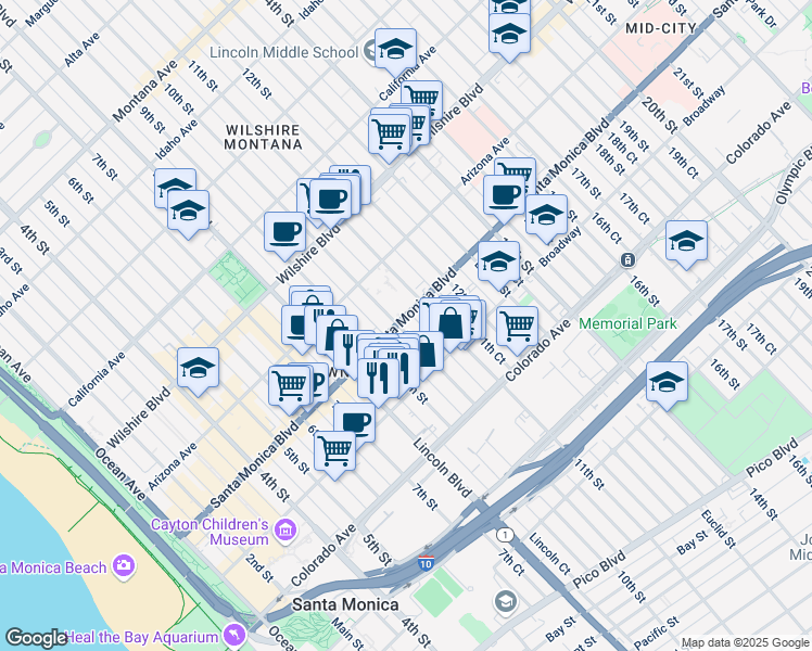 map of restaurants, bars, coffee shops, grocery stores, and more near 1348 10th Street in Santa Monica