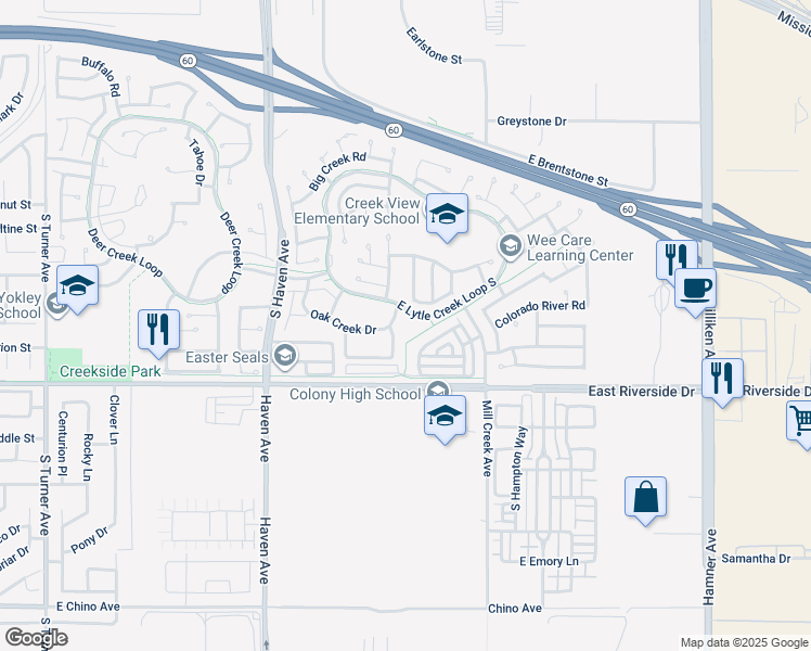 map of restaurants, bars, coffee shops, grocery stores, and more near 3718 Elk Creek Way in Ontario