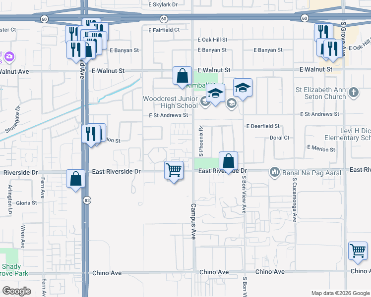 map of restaurants, bars, coffee shops, grocery stores, and more near 2862 South Campus Avenue in Ontario
