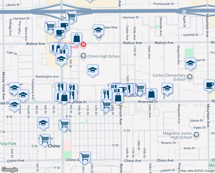 map of restaurants, bars, coffee shops, grocery stores, and more near 12 Park Place in Chino