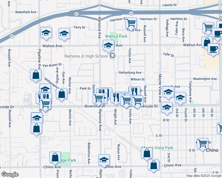 map of restaurants, bars, coffee shops, grocery stores, and more near 12760 Wright Avenue in Chino