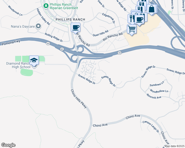 map of restaurants, bars, coffee shops, grocery stores, and more near 4 Mountain Shadows Place in Pomona