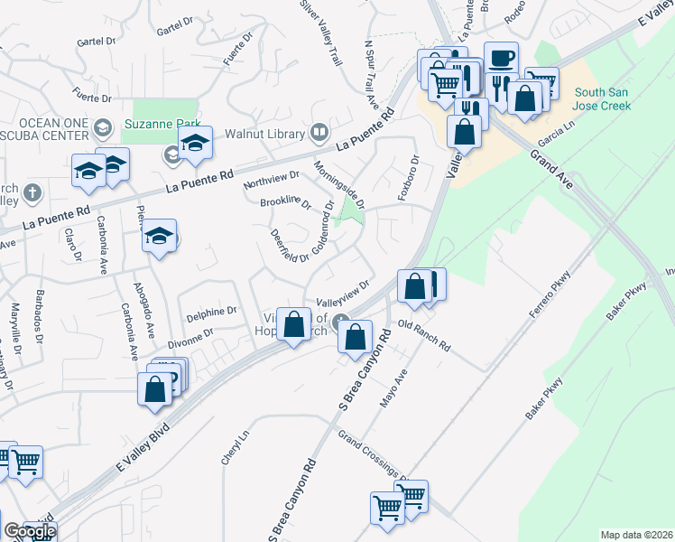 map of restaurants, bars, coffee shops, grocery stores, and more near 21190 John Irwin Drive in Walnut