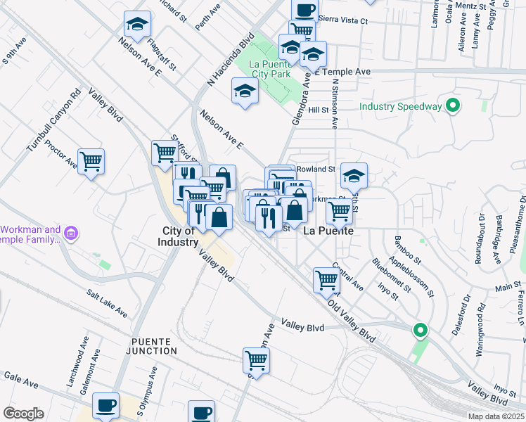 map of restaurants, bars, coffee shops, grocery stores, and more near 145-199 Glendora Ave in La Puente