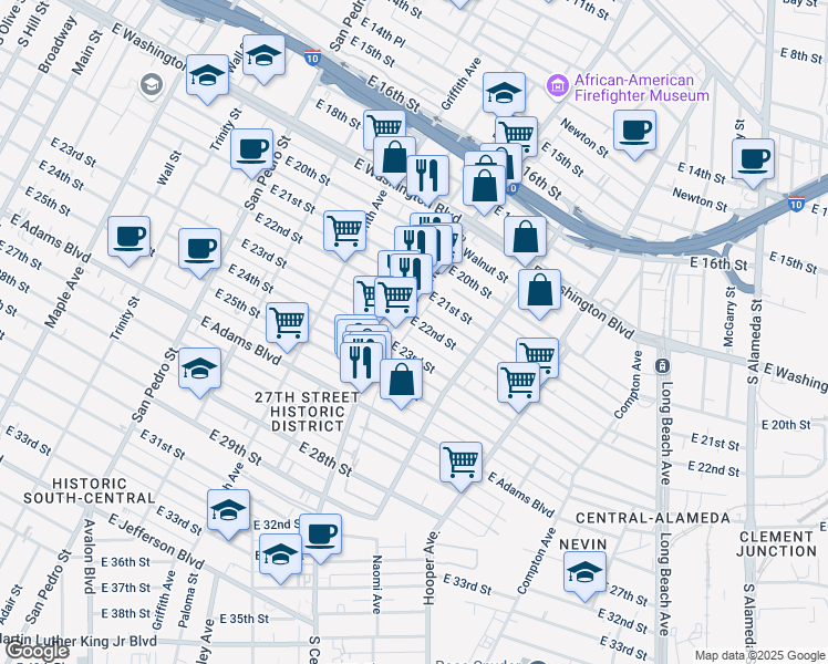 map of restaurants, bars, coffee shops, grocery stores, and more near 1313 East 22nd Street in Los Angeles
