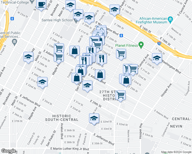 map of restaurants, bars, coffee shops, grocery stores, and more near 731 East Adams Boulevard in Los Angeles