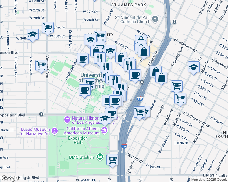 map of restaurants, bars, coffee shops, grocery stores, and more near 642 West 34th Street in Los Angeles