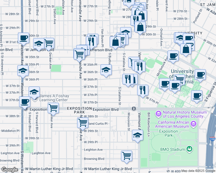 map of restaurants, bars, coffee shops, grocery stores, and more near 1260 West 36th Place in Los Angeles
