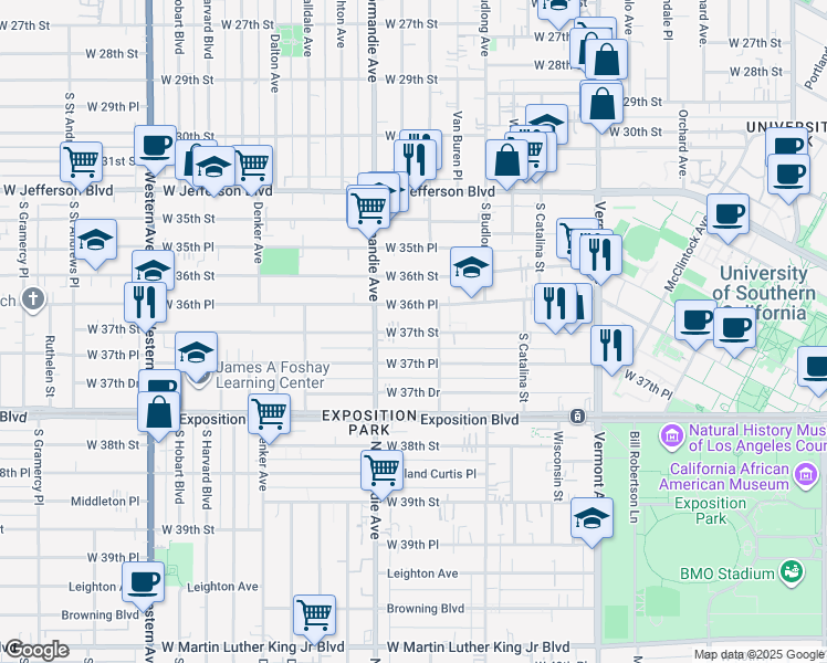 map of restaurants, bars, coffee shops, grocery stores, and more near 1350 West 36th Place in Los Angeles