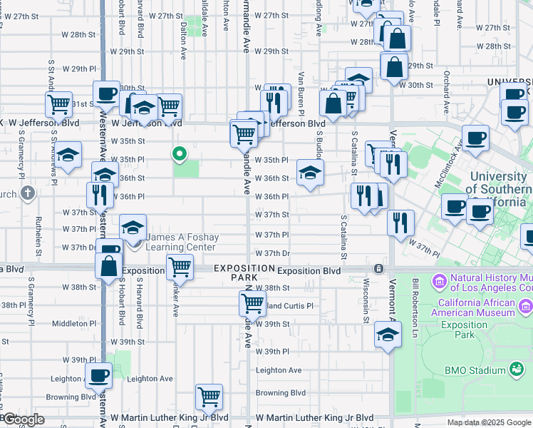 map of restaurants, bars, coffee shops, grocery stores, and more near 1350 West 36th Place in Los Angeles