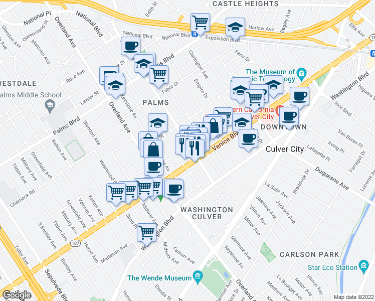 map of restaurants, bars, coffee shops, grocery stores, and more near 3737 Motor Avenue in Los Angeles