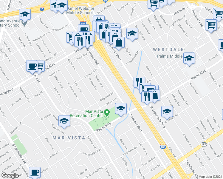 map of restaurants, bars, coffee shops, grocery stores, and more near 3261 Sawtelle Boulevard in Los Angeles
