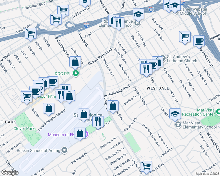 map of restaurants, bars, coffee shops, grocery stores, and more near 12133 Clarkson Road in Los Angeles