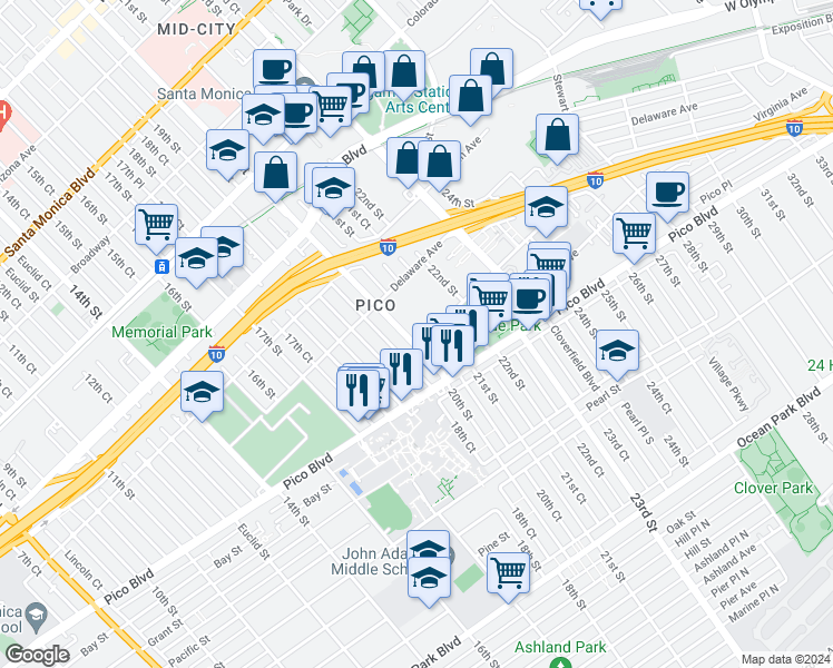 map of restaurants, bars, coffee shops, grocery stores, and more near 2035 Virginia Avenue in Santa Monica