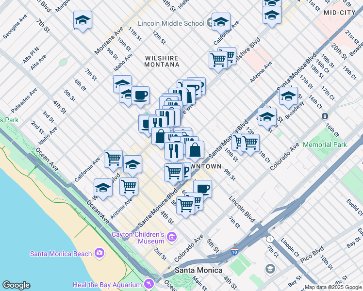 map of restaurants, bars, coffee shops, grocery stores, and more near 1264 Lincoln Court in Santa Monica