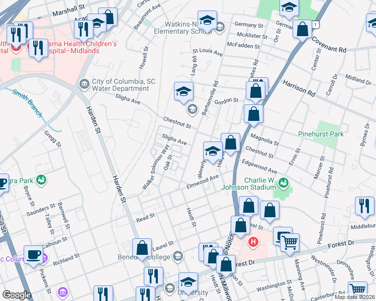 map of restaurants, bars, coffee shops, grocery stores, and more near 2150 Barhamville Road in Columbia