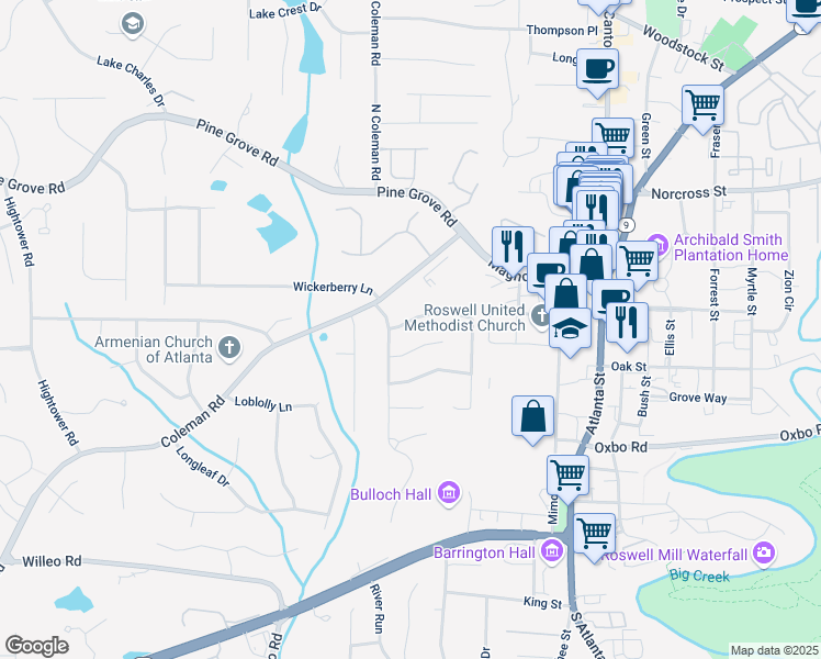 map of restaurants, bars, coffee shops, grocery stores, and more near 280 Roswell Farms Road in Roswell
