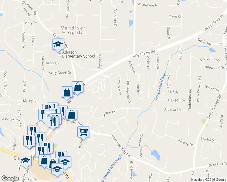 map of restaurants, bars, coffee shops, grocery stores, and more near 2733 Harper Woods Drive in Marietta