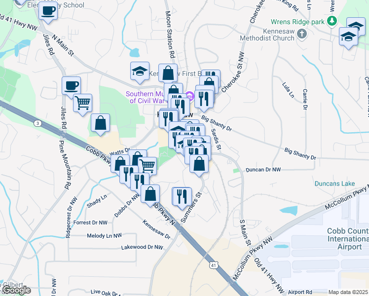 map of restaurants, bars, coffee shops, grocery stores, and more near 2775 Summers Street in Kennesaw