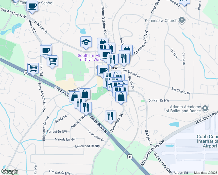 map of restaurants, bars, coffee shops, grocery stores, and more near 2775 Summers Street in Kennesaw