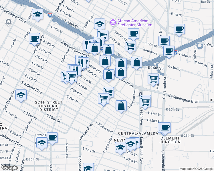 map of restaurants, bars, coffee shops, grocery stores, and more near 1438 East 20th Street in Los Angeles
