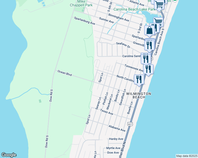 map of restaurants, bars, coffee shops, grocery stores, and more near 1311 Croaker Lane in Carolina Beach