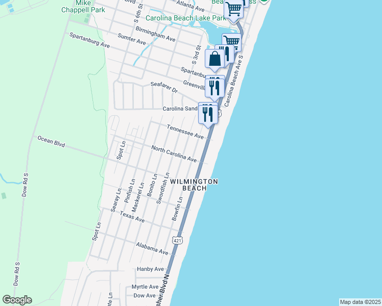 map of restaurants, bars, coffee shops, grocery stores, and more near 1214 Snapper Lane in Carolina Beach