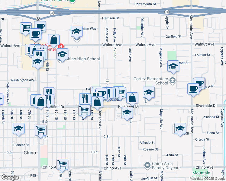 map of restaurants, bars, coffee shops, grocery stores, and more near 12796 17th Street in Chino